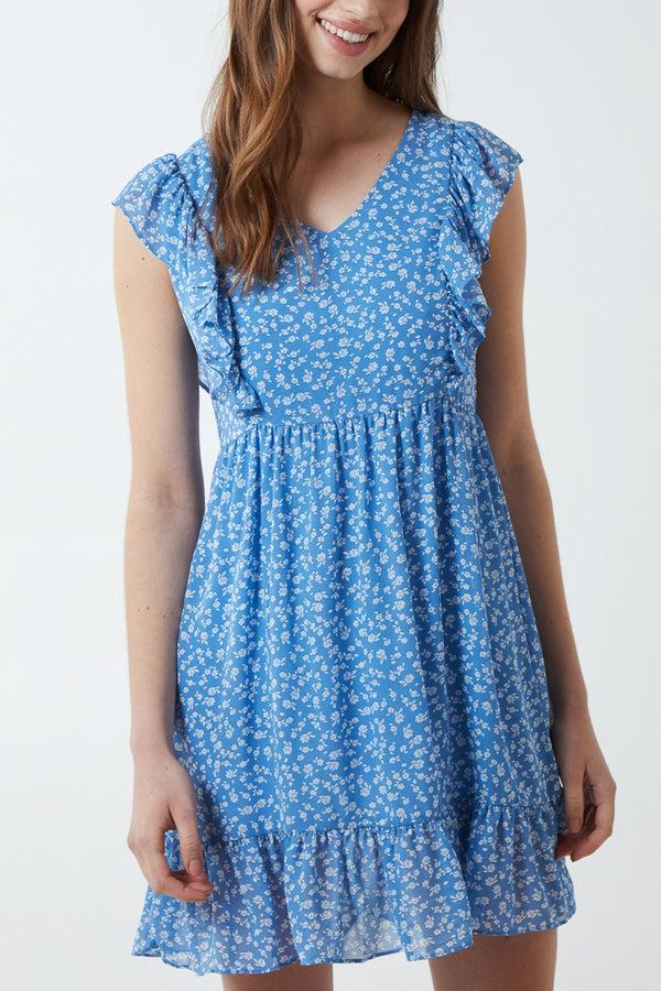 Qed London Ditsy Floral Frill Detail Mini Dress