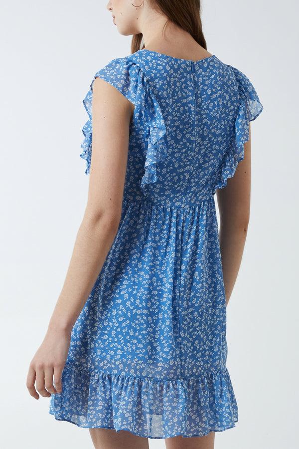 Qed London Ditsy Floral Frill Detail Mini Dress