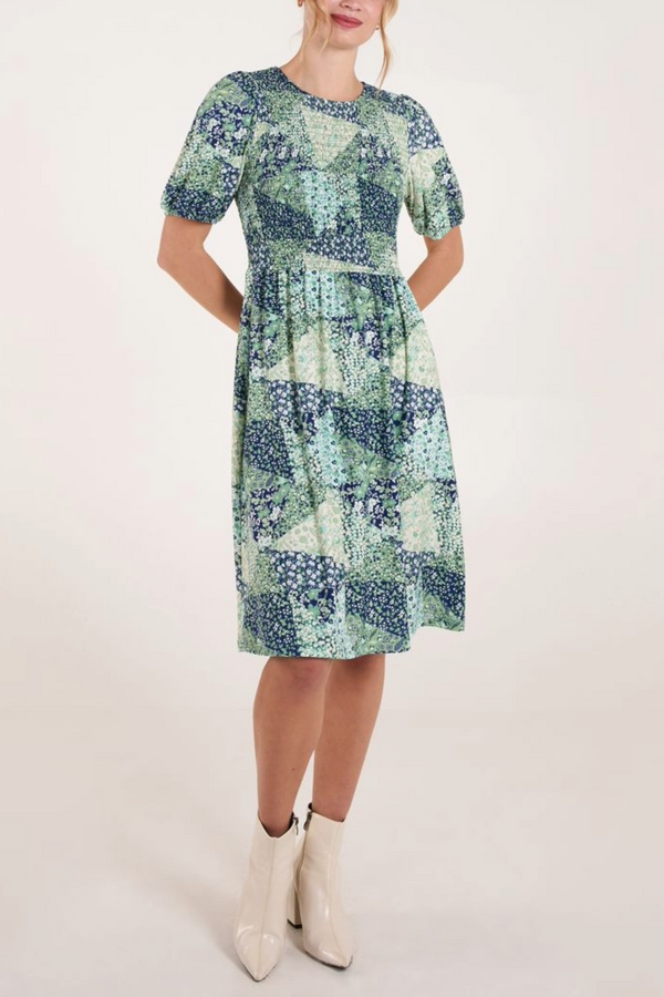 Qed London Ditsy Patches Shirred Bust Dress