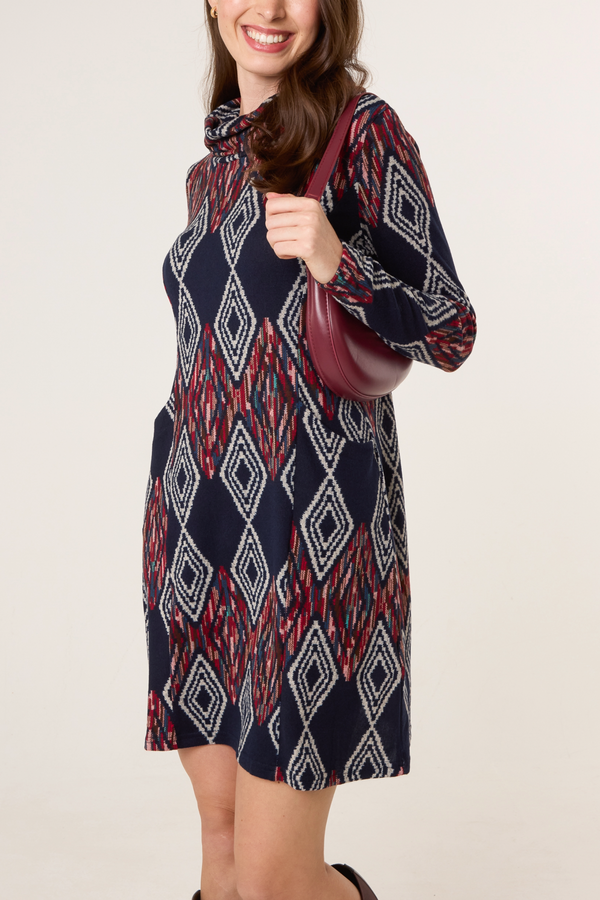 Qed London Draped Cowl Neck Aztec Knit Dress
