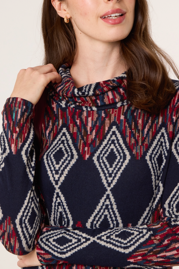Qed London Draped Cowl Neck Aztec Knit Dress