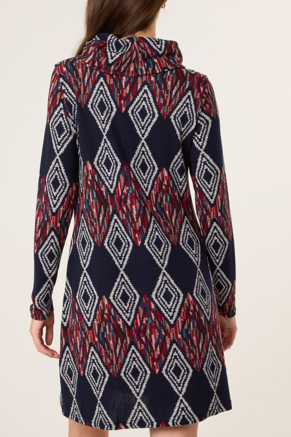 Qed London Draped Cowl Neck Aztec Knit Dress