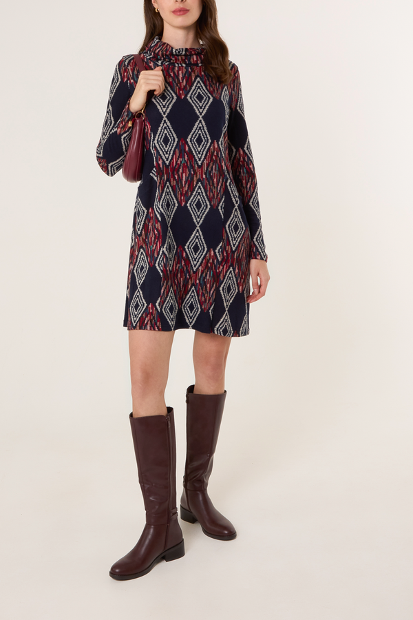 qed london Draped Cowl Neck Aztec Knit Dress