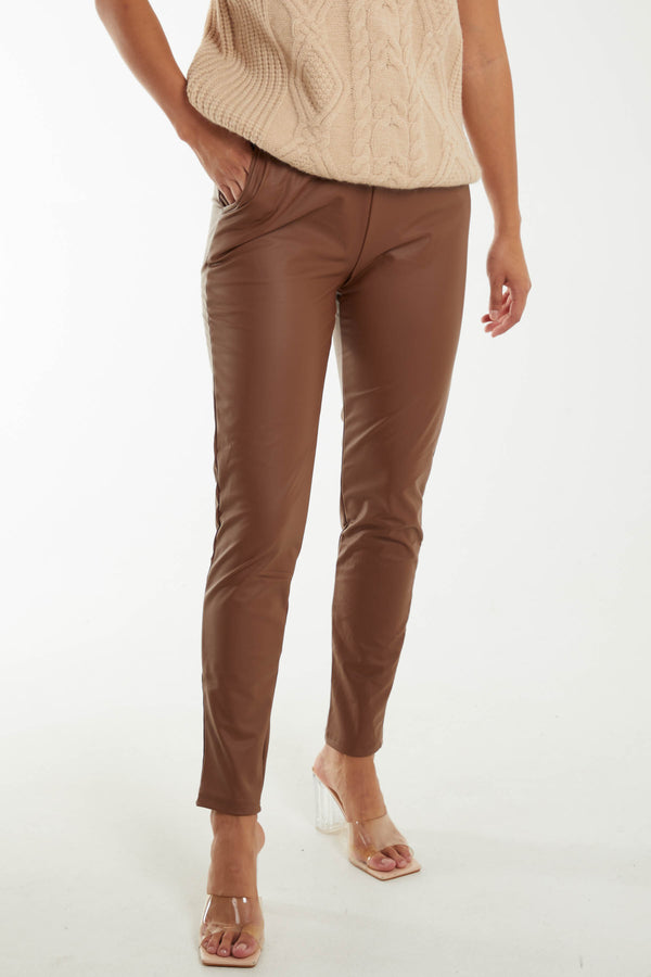 qed london Elastic Tie Waist Leather Look Trousers