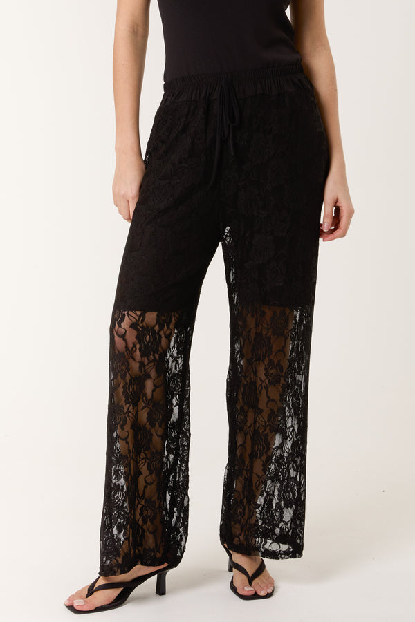 Qed London Elastic Waist Wide Leg Lace Trousers
