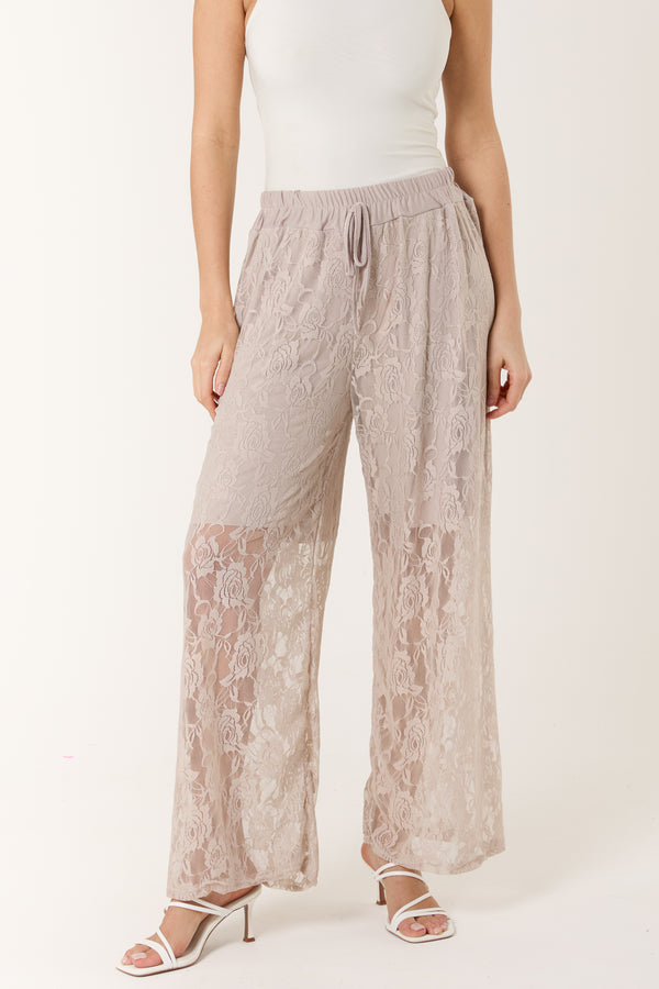 qed london Elastic Waist Wide Leg Lace Trousers