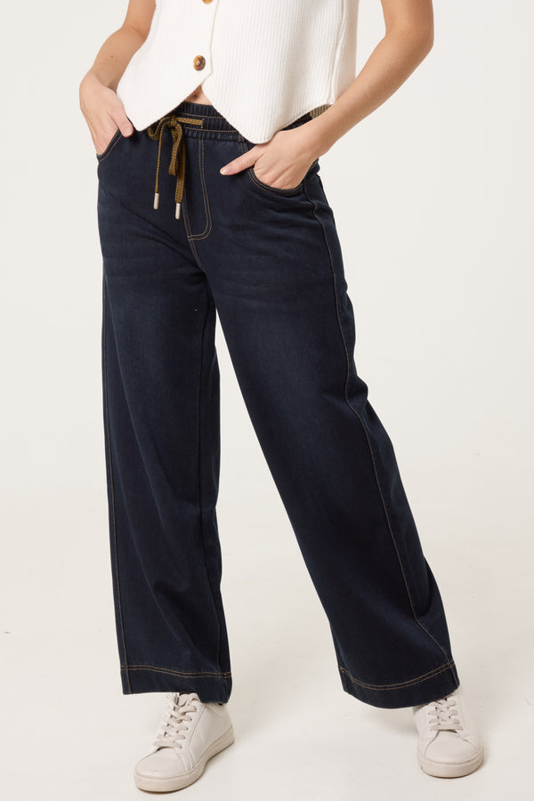qed london Elastic Waist Wide Leg String Jeans