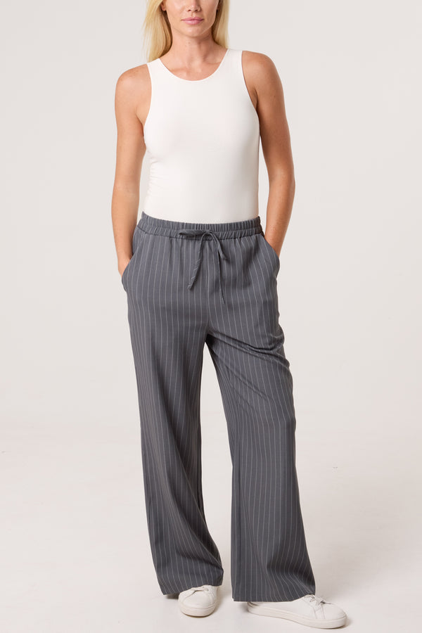 Qed London Elasticated Pinstripe Wide Leg Trousers