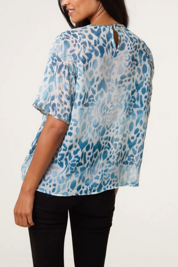 Qed London Embellished Animal Chiffon Top