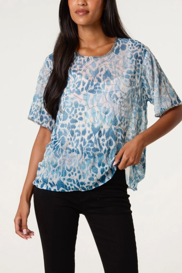 qed london Embellished Animal Chiffon Top