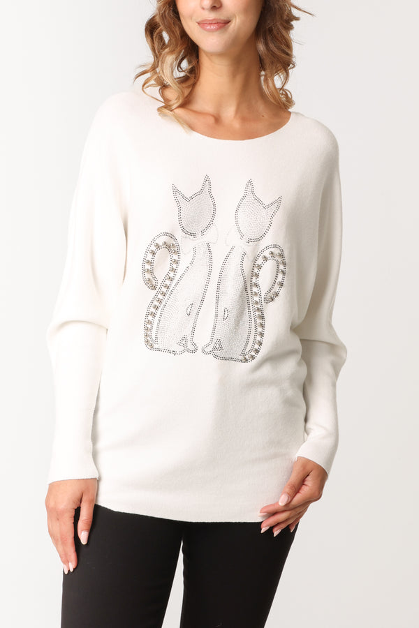 Qed London Embellished Cat Round Neck Jumper