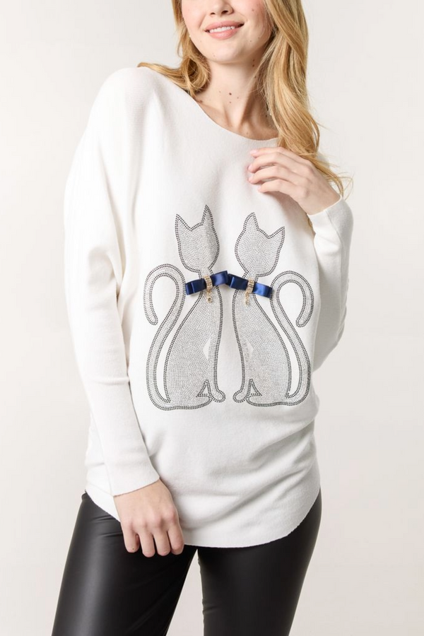 qed london Embellished Cat With Bows Jumper