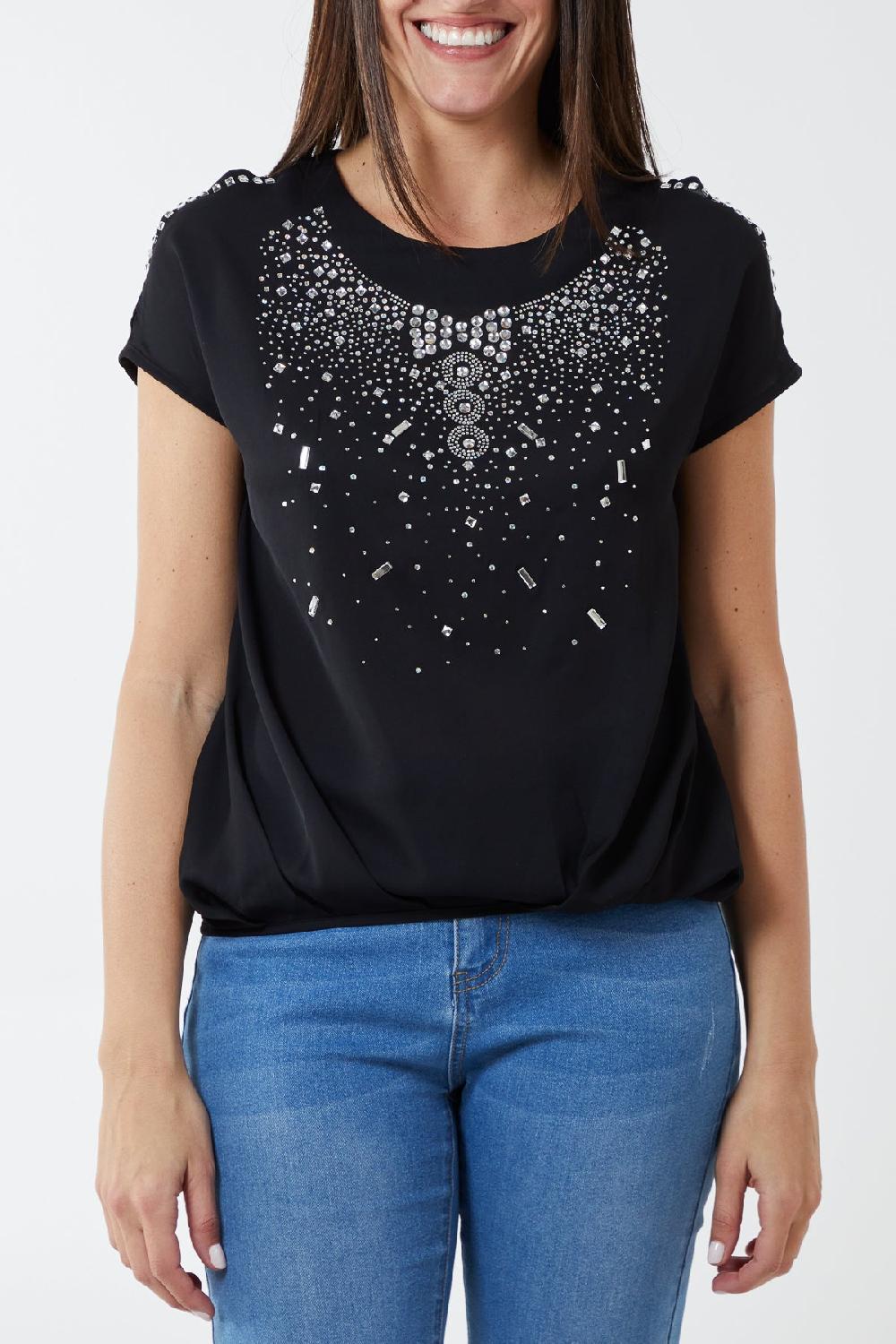 Qed London Embellished Chiffon Keyhole Sleeve Top