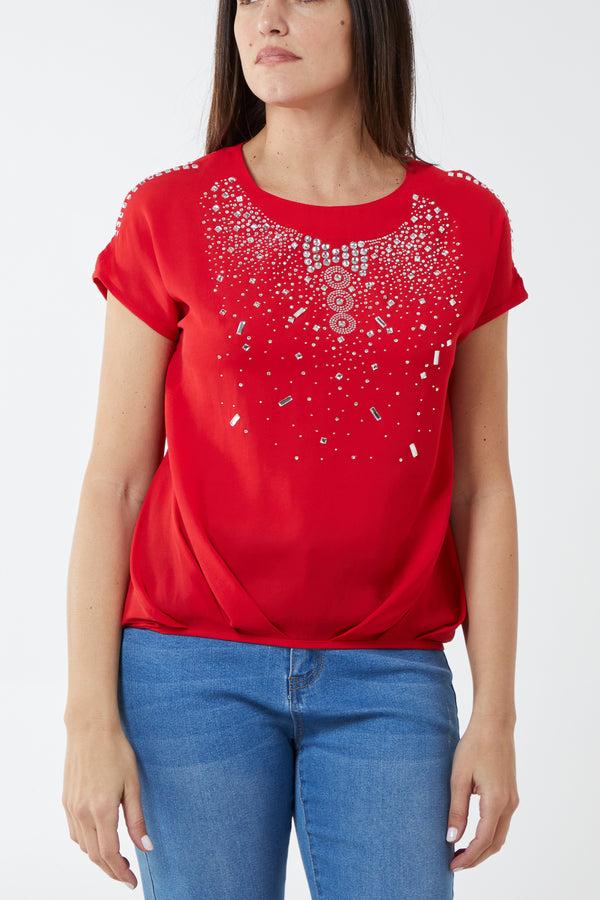 Qed London Embellished Chiffon Keyhole Sleeve Top