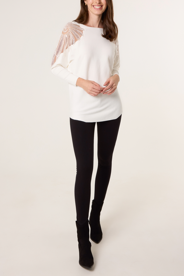 Qed London Embellished Cut Out Shoulder Jumper
