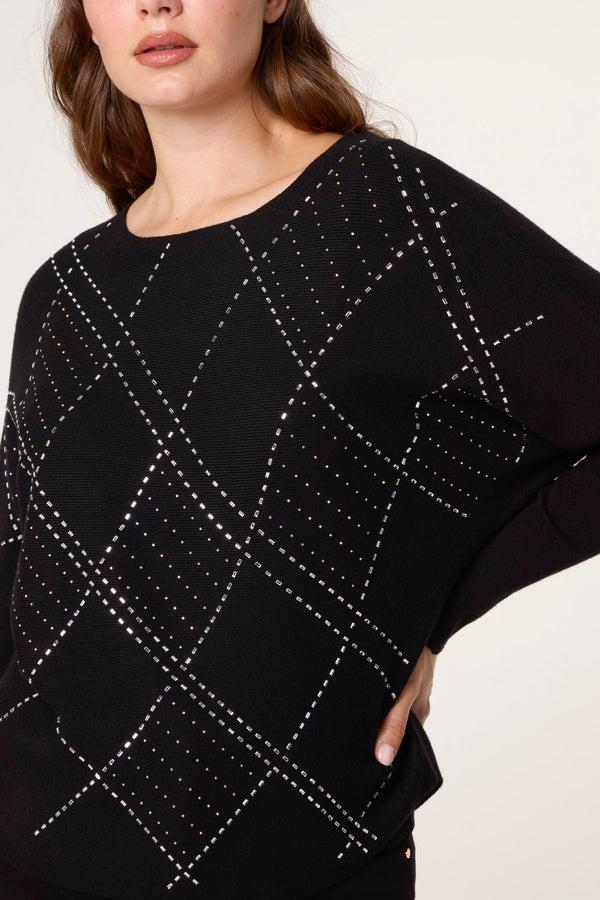 Qed London Embellished Diamond Patterned Jumper