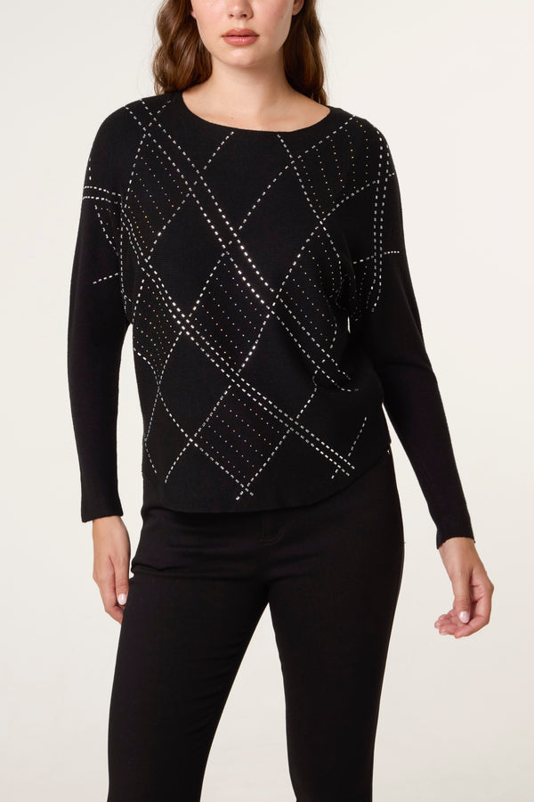 qed london Embellished Diamond Patterned Jumper