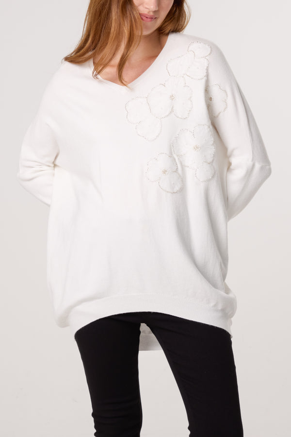 qed london Embellished Flowers V-Neck Jumper