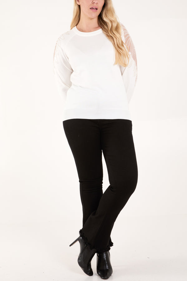 Qed London Embellished Leaf Mesh Sleeve Jumper