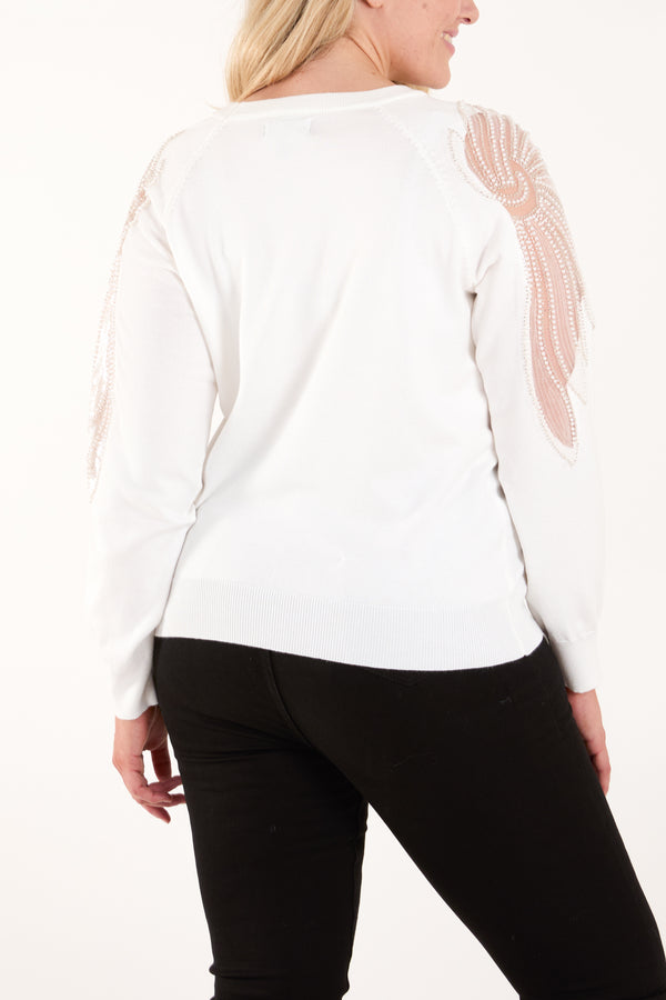 Qed London Embellished Leaf Mesh Sleeve Jumper