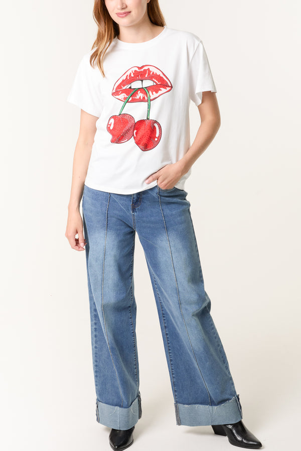 Qed London Embellished Lips & Cherry T-Shirt
