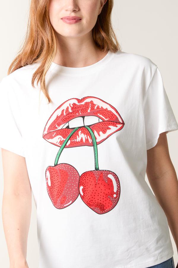 Qed London Embellished Lips & Cherry T-Shirt