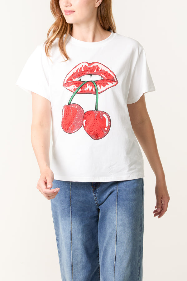 qed london Embellished Lips & Cherry T-Shirt