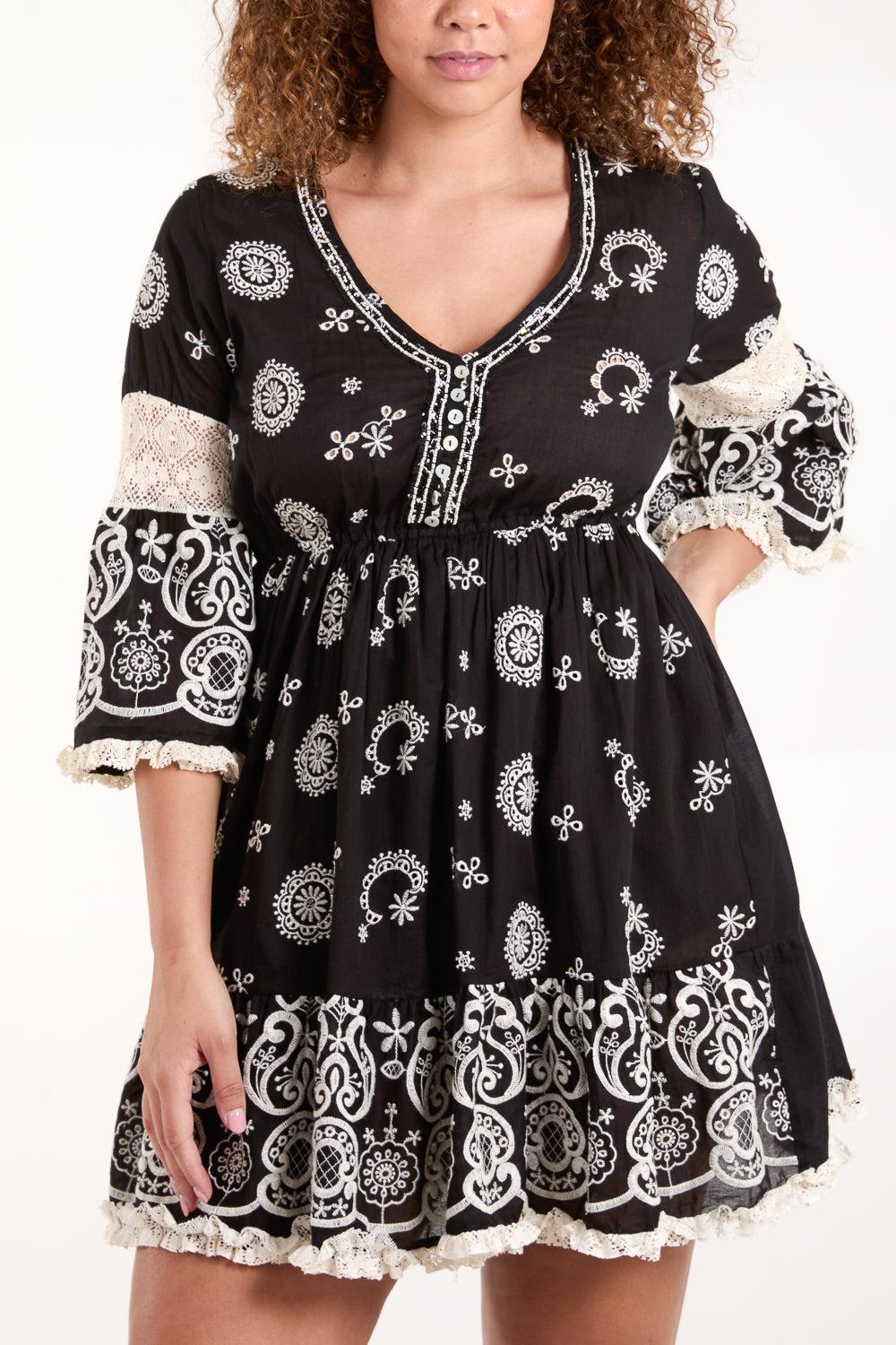 Qed London Embellished Neck Embroidered Mini Dress