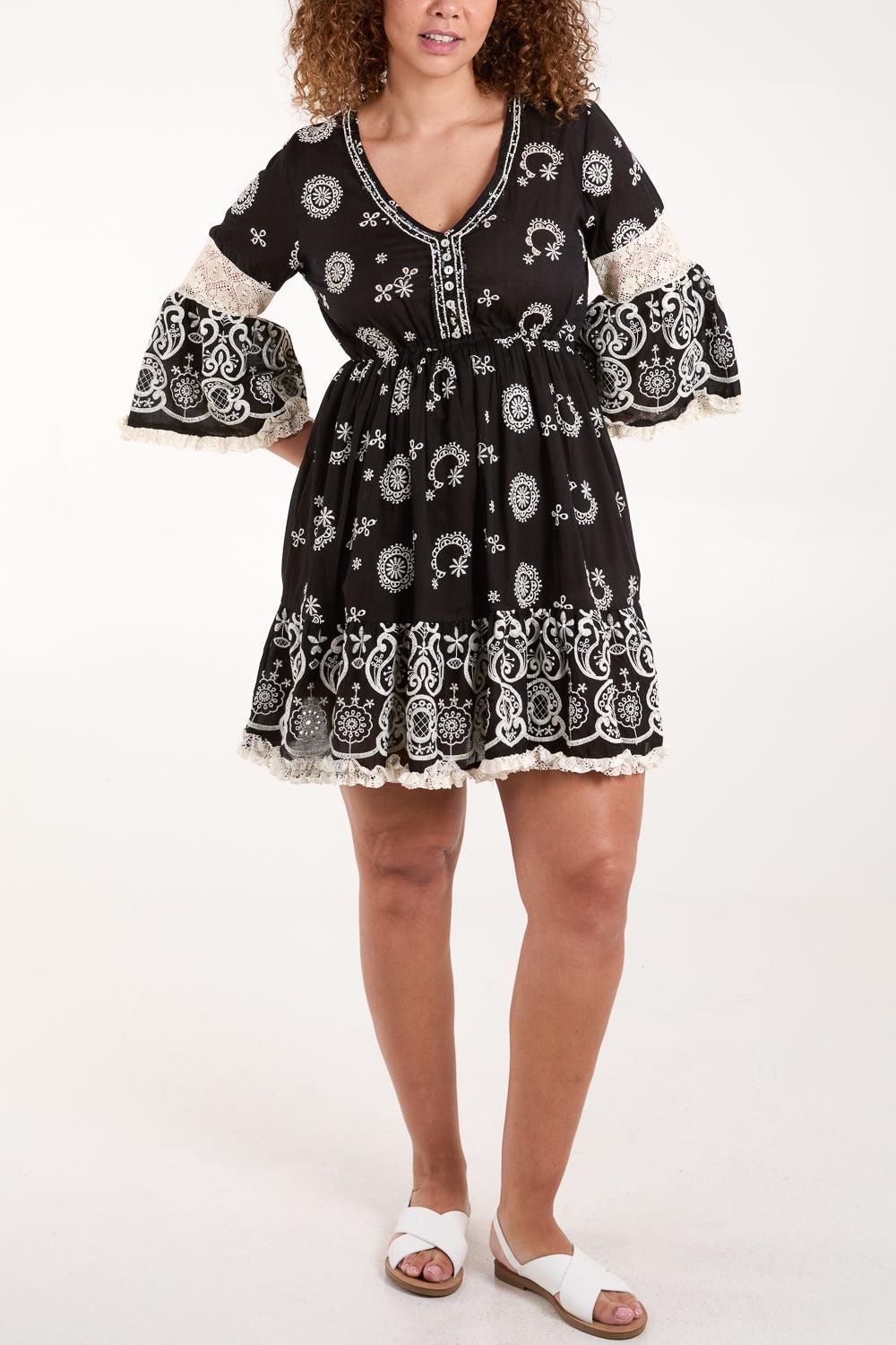 qed london Embellished Neck Embroidered Mini Dress