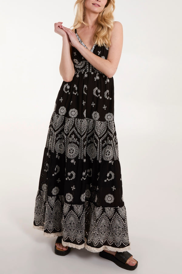 Qed London Embroidered Cami Tiered Maxi Dress