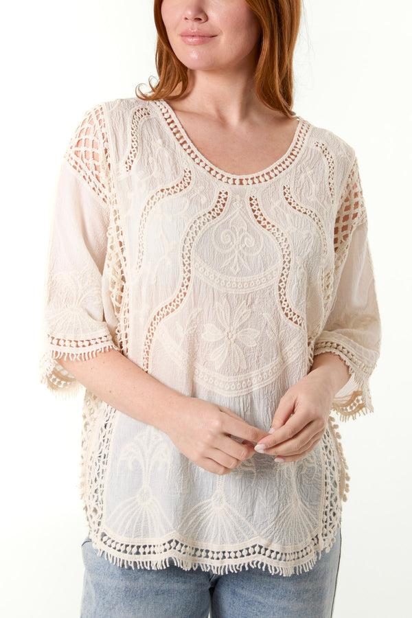 Qed London Embroidered & Crochet Cotton Top