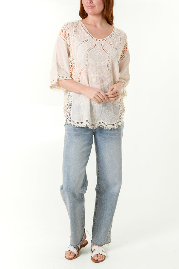 Qed London Embroidered & Crochet Cotton Top