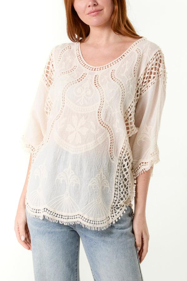 qed london Embroidered & Crochet Cotton Top