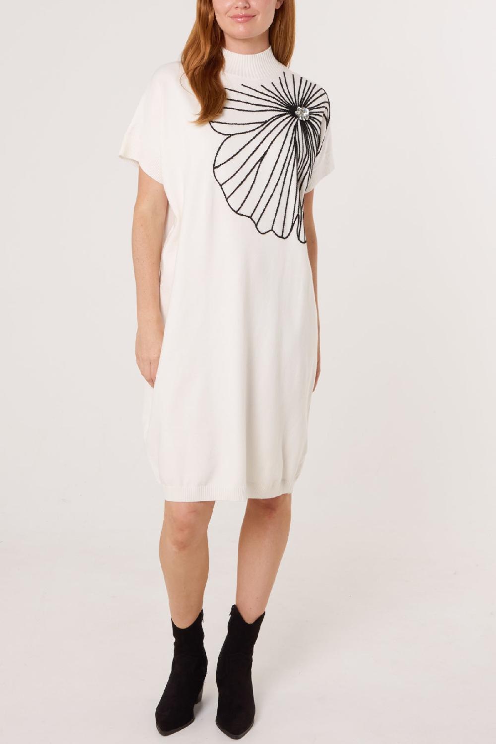 Qed London Embroidered Flower High Neck Knit Dress