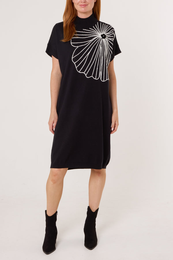 qed london Embroidered Flower High Neck Knit Dress
