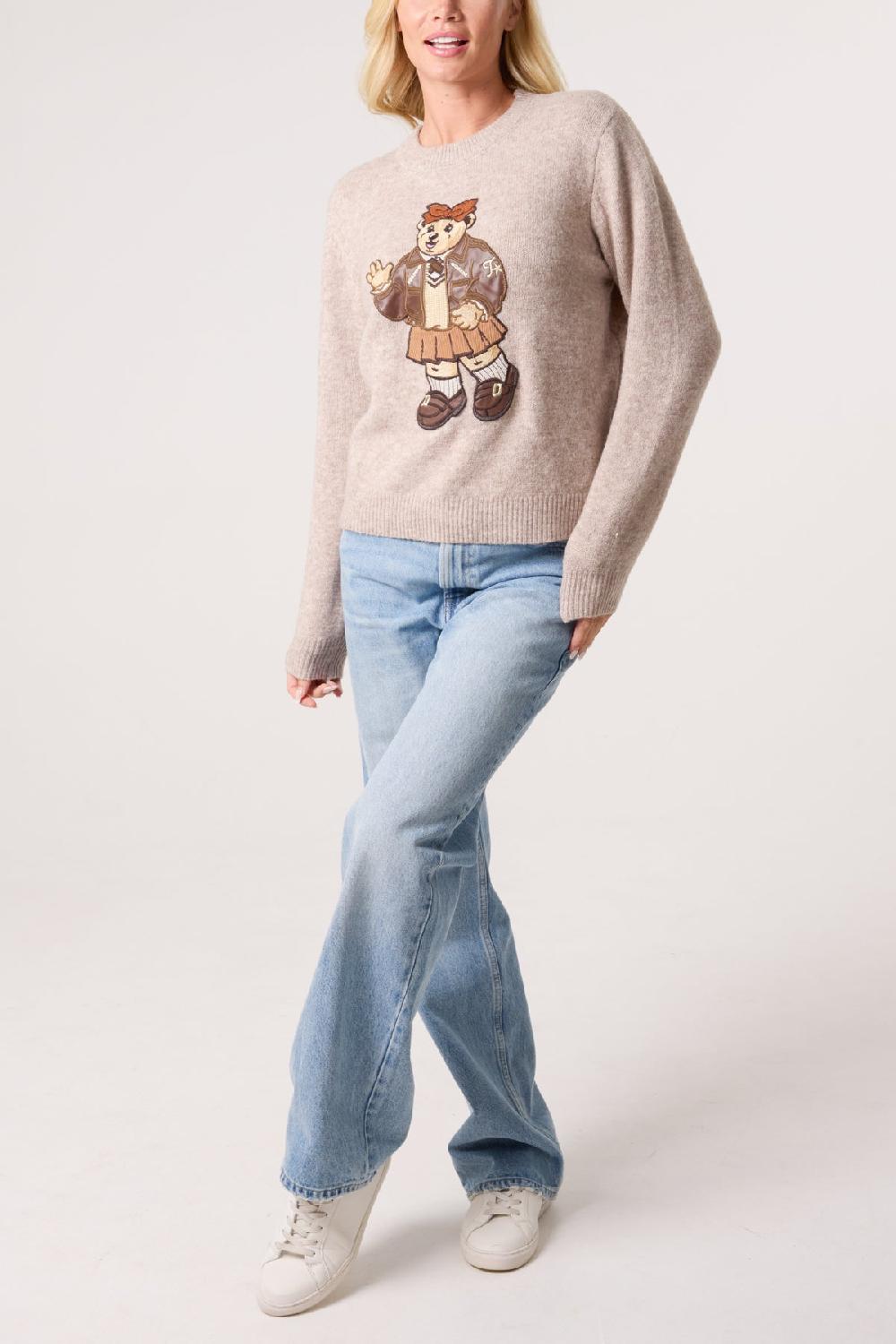 Qed London Embroidered School Bear Knit Jumper