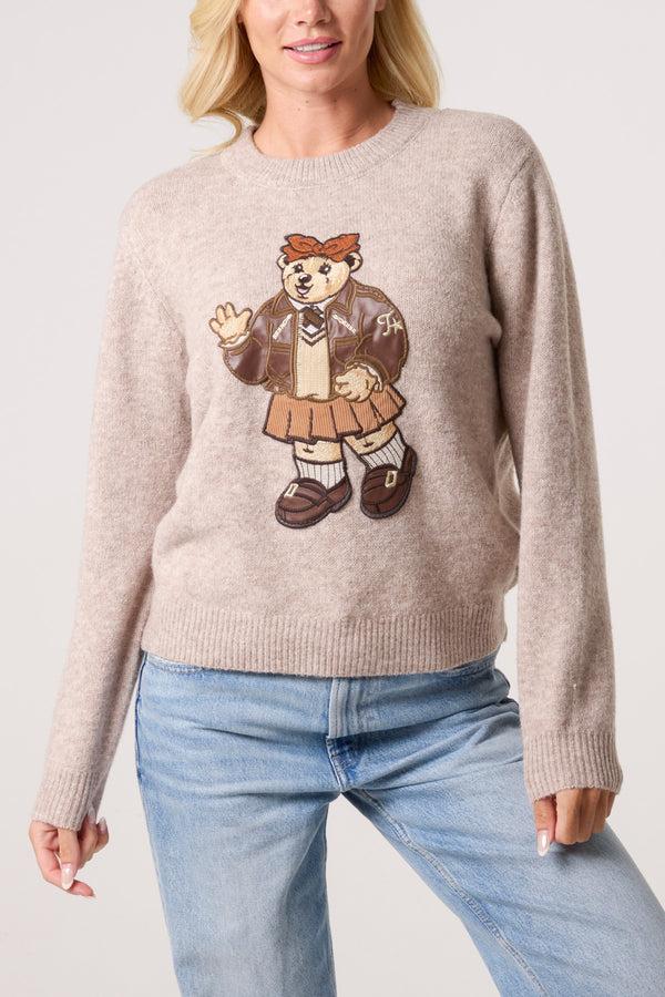 qed london Embroidered School Bear Knit Jumper