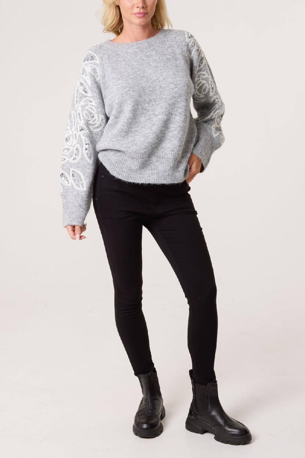 Qed London Embroidery & Sequin Sleeve Knit Jumper