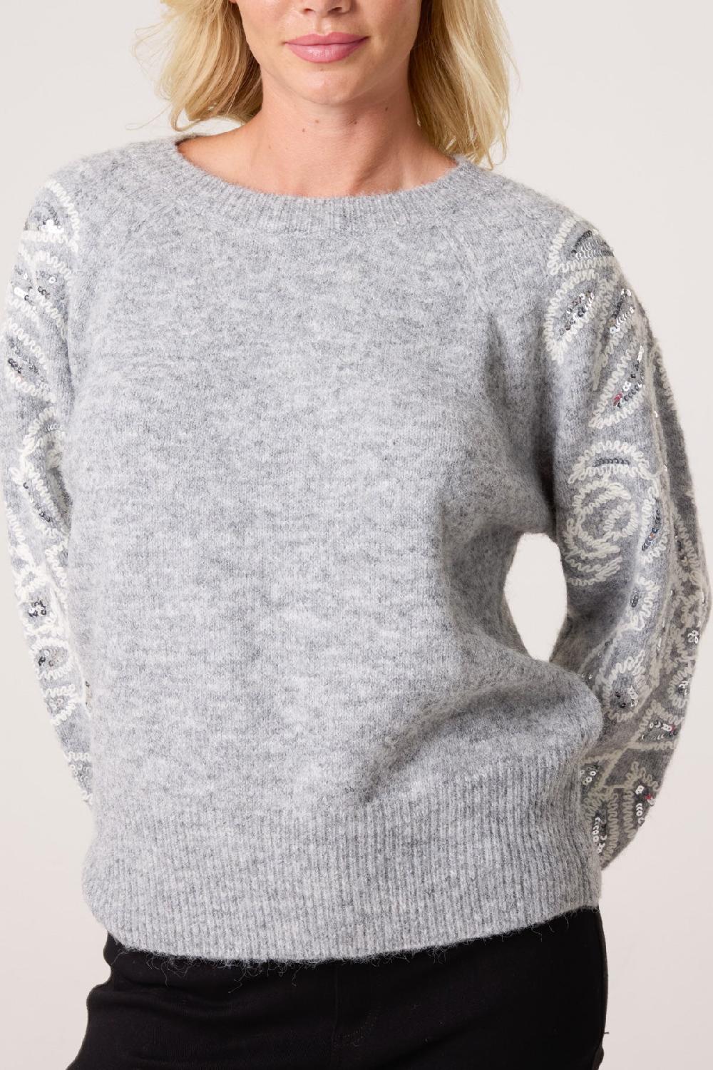 Qed London Embroidery & Sequin Sleeve Knit Jumper