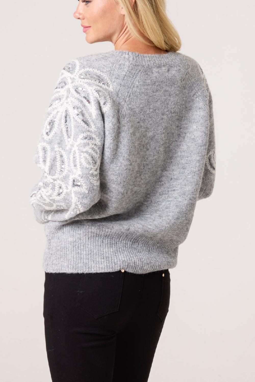 Qed London Embroidery & Sequin Sleeve Knit Jumper