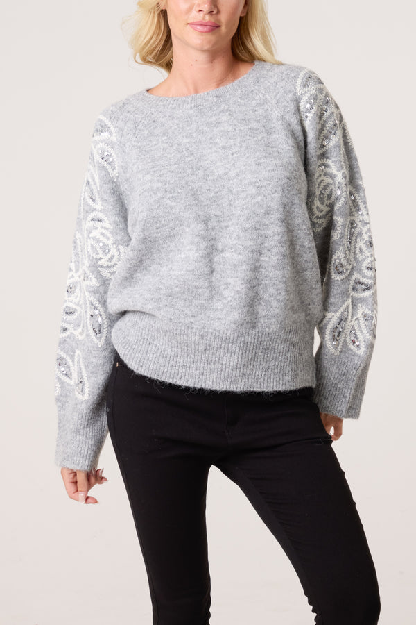 qed london Embroidery & Sequin Sleeve Knit Jumper