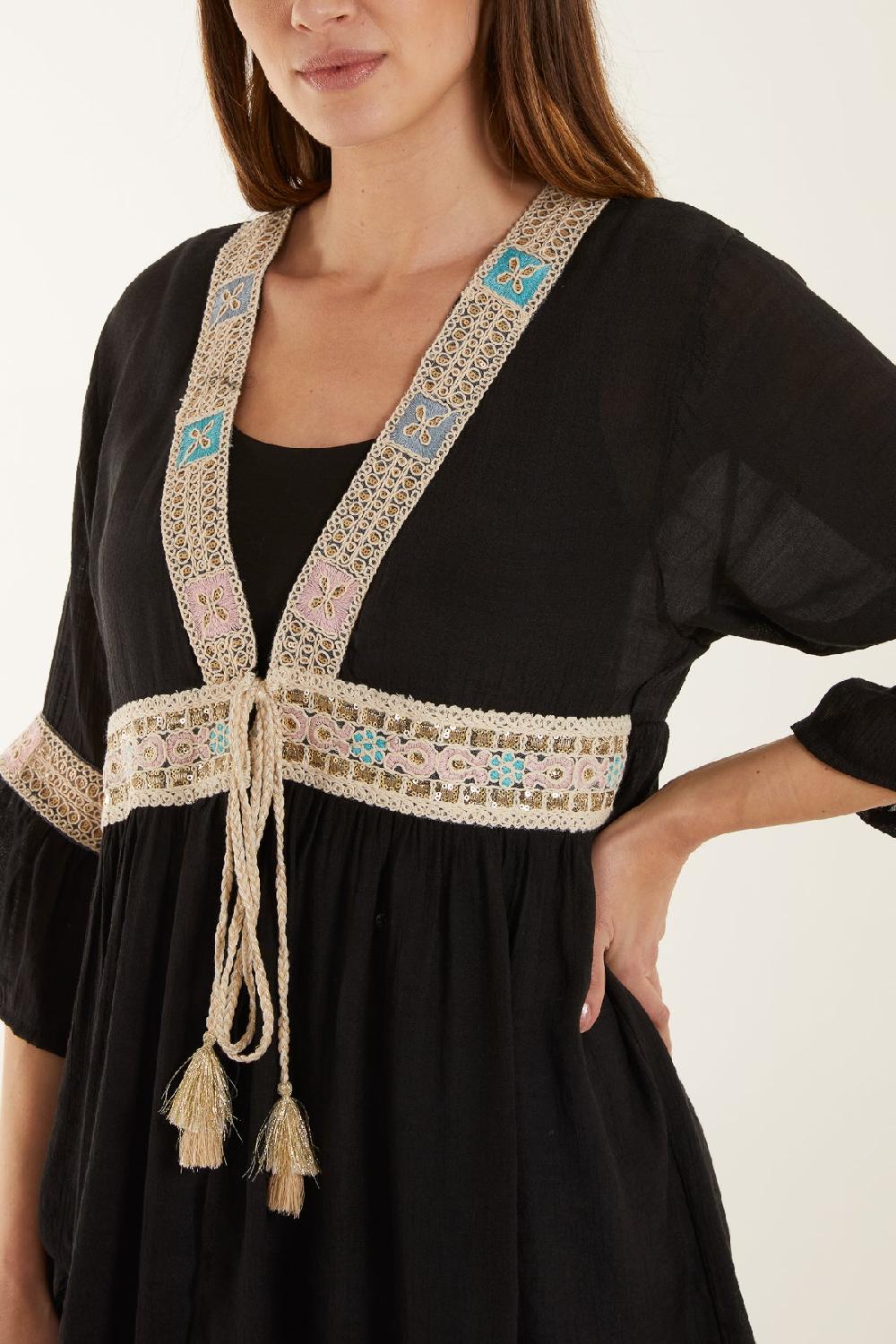 Qed London Embroidery & Tassel Cotton Tie Kimono