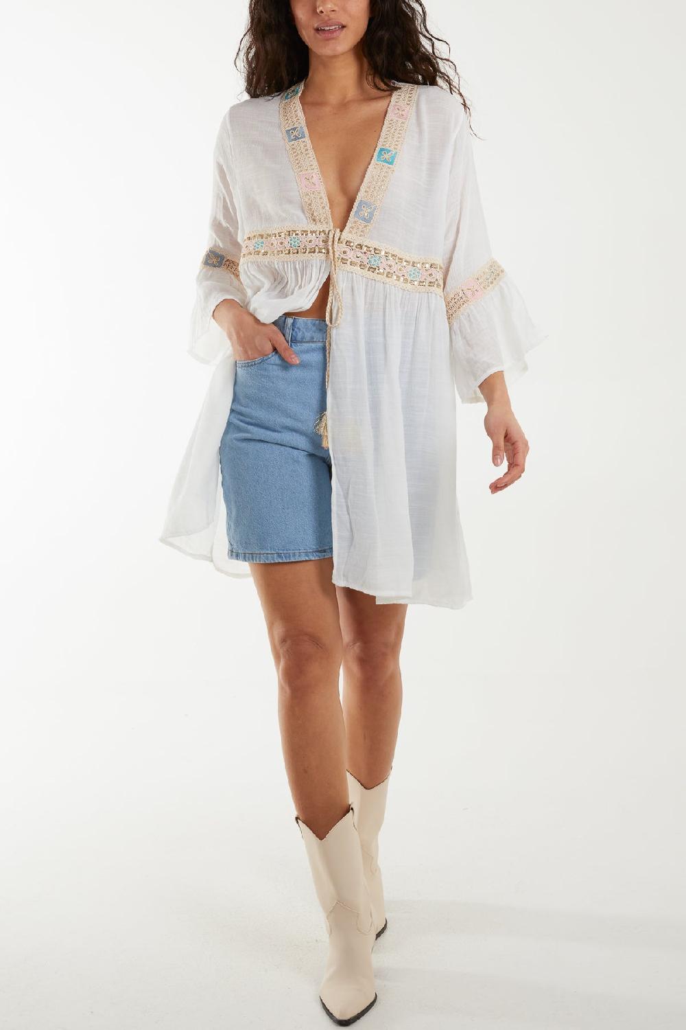 Qed London Embroidery & Tassel Cotton Tie Kimono