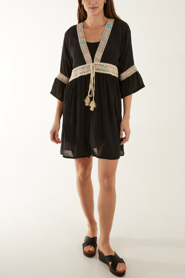 qed london Embroidery & Tassel Cotton Tie Kimono