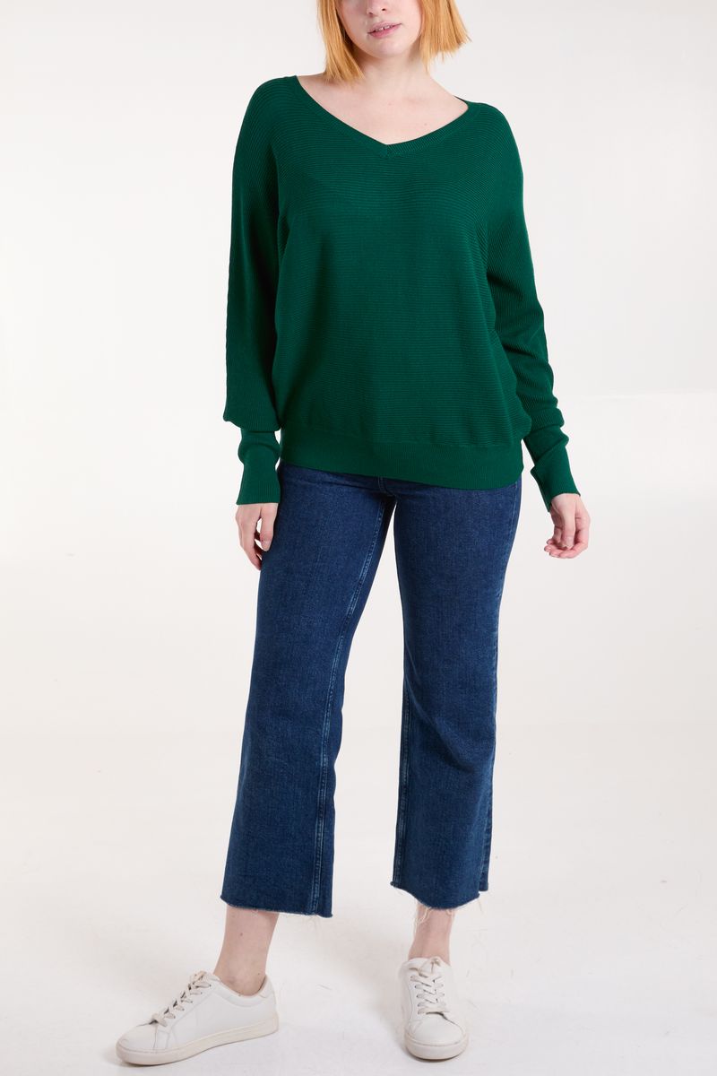 Qed London Emerald Ribbed Knit V-Neck Jumper