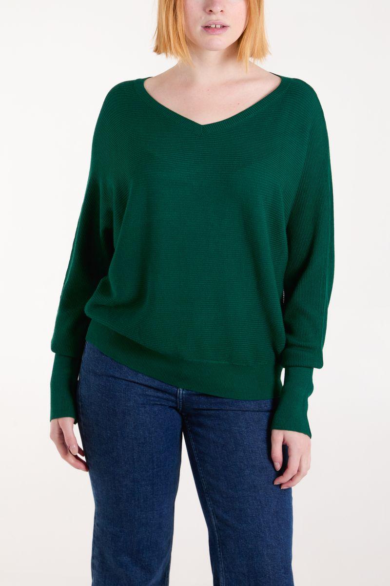 qed london Emerald Ribbed Knit V-Neck Jumper