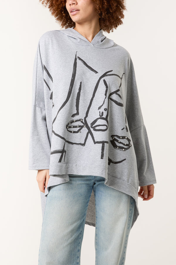 qed london Faces Diamante High Low Hoodie