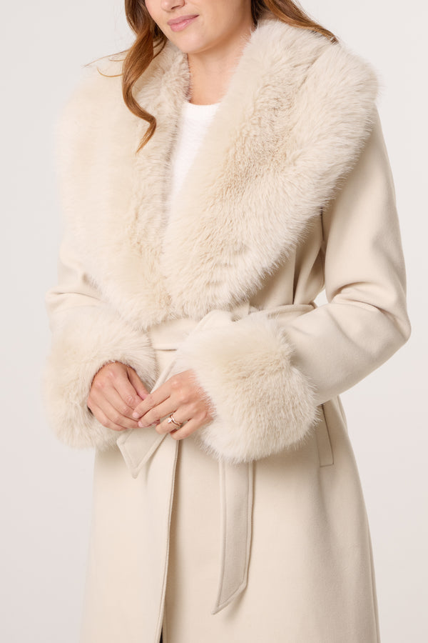 Qed London Faux Fur Collar Belted Coat