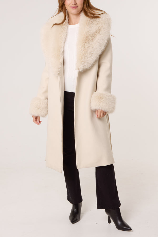 Qed London Faux Fur Collar Belted Coat