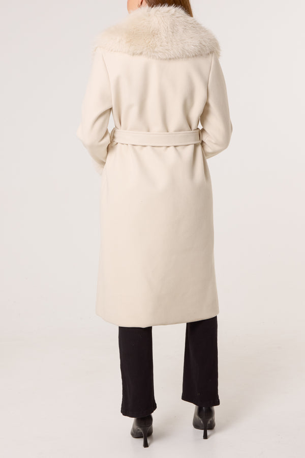 Qed London Faux Fur Collar Belted Coat